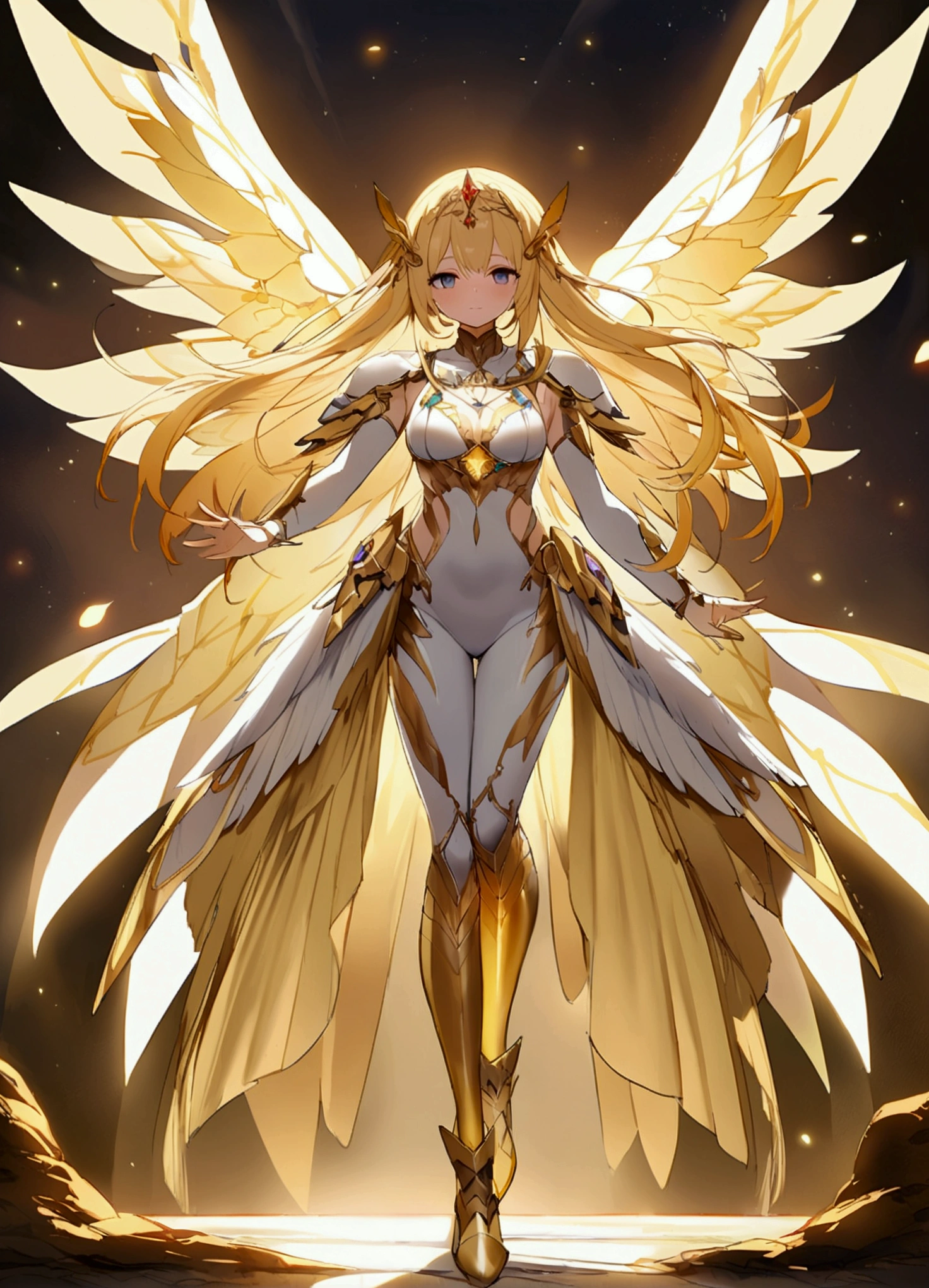 Goddess of victory。Valkyrie。White Armor。Golden Sword。Golden Hair。Whole body。Wearing boots。Wings are growing。