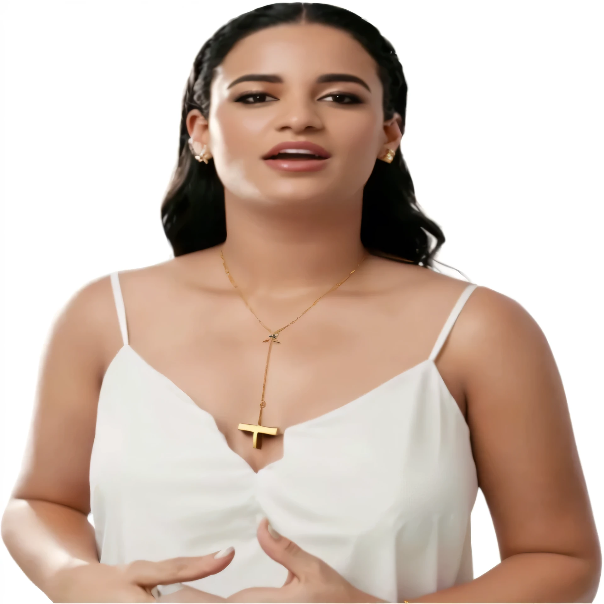 arafed woman in a white dress with a necklace and a necklace, em uma regata branca cantando, wearing white camisole, wearing a nightgown, wearing white v - neck top, looks like fabiula natal, screenshot of youtube video, wearing a choker with gold details, wearing gold chain, wears an Egyptian ankh necklace, neckleace