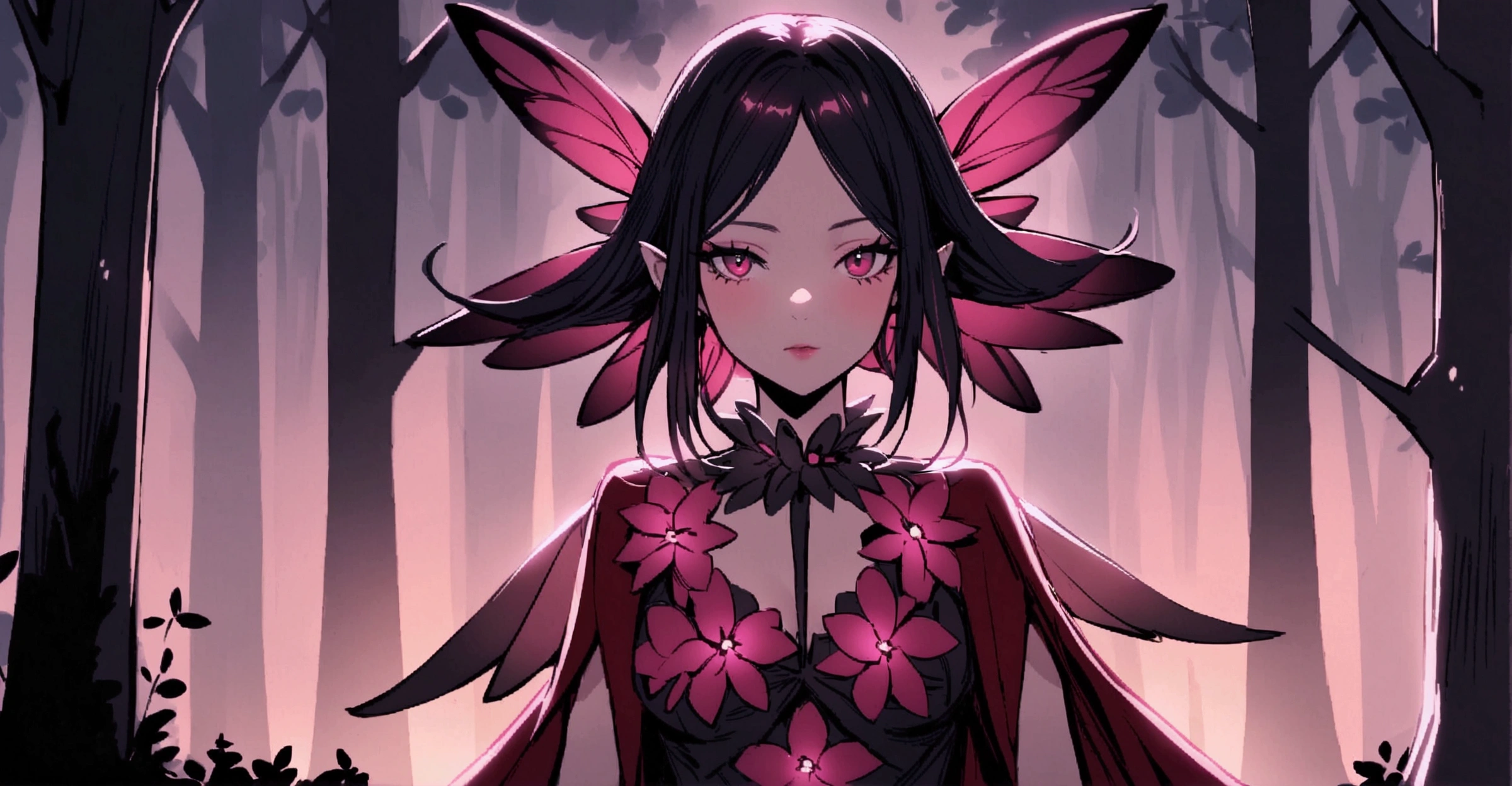 A fairy with long burgundy hair, wearing a pink flower outfit, your wings are burgundy, she is in a forest, detailed