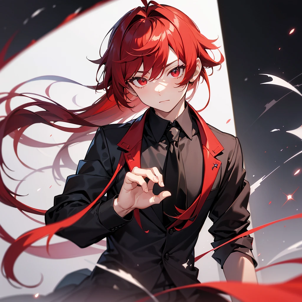 masterpiece, best quality, diluc (genshin impact), 1boy, male focus, red hair, red eyes, long hair, solo, simple background, white background, hair between eyes, bangs, closed mouth, ponytail, sparkle, looking at viewer, antenna hair, cropped shoulders, shirt, jacket, portrait, black shirt, necktie, collared shirt