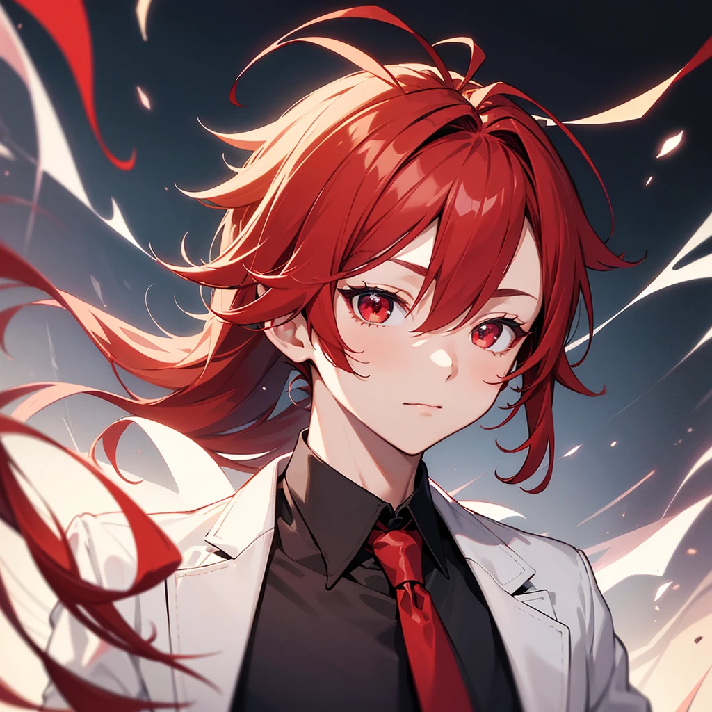 masterpiece, best quality, diluc (genshin impact), 1boy, male focus, red hair, red eyes, long hair, solo, simple background, white background, hair between eyes, bangs, closed mouth, ponytail, sparkle, looking at viewer, antenna hair, cropped shoulders, shirt, jacket, portrait, black shirt, necktie, collared shirt