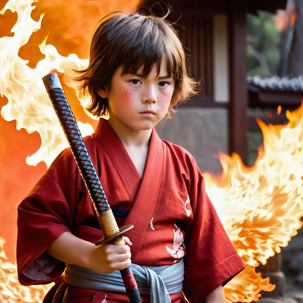 A young boy with brown short hair with birth mark like fire. In the background samurai wit flaming sword dressed with red kimono, long brown hair, with birth mark like fire, and holdimg a flaming sword 