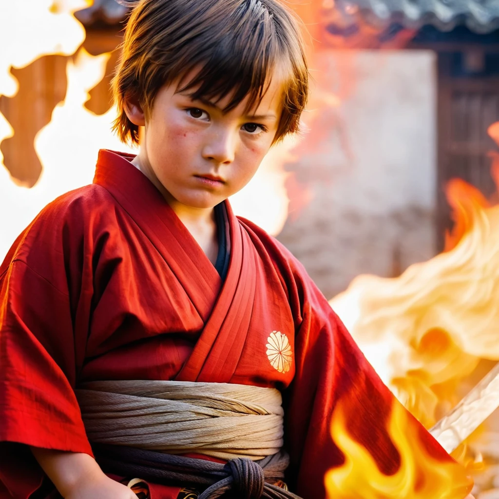 A young boy with brown short hair with birth mark like fire. In the background samurai wit flaming sword dressed with red kimono, long brown hair, with birth mark like fire, and holdimg a flaming sword
