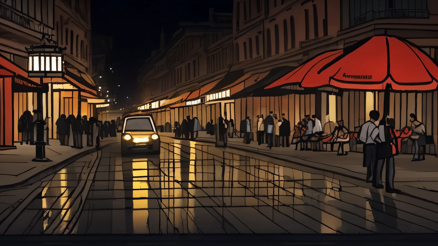 A serene nighttime urban street corner with rain gently falling, neon lights glowing, and people walking with umbrellas. The scene is in a line art style with watercolor effects, creating a warm and nostalgic atmosphere. The rain and lights should loop seamlessly, starting and ending with the same intensity of rain and lighting.