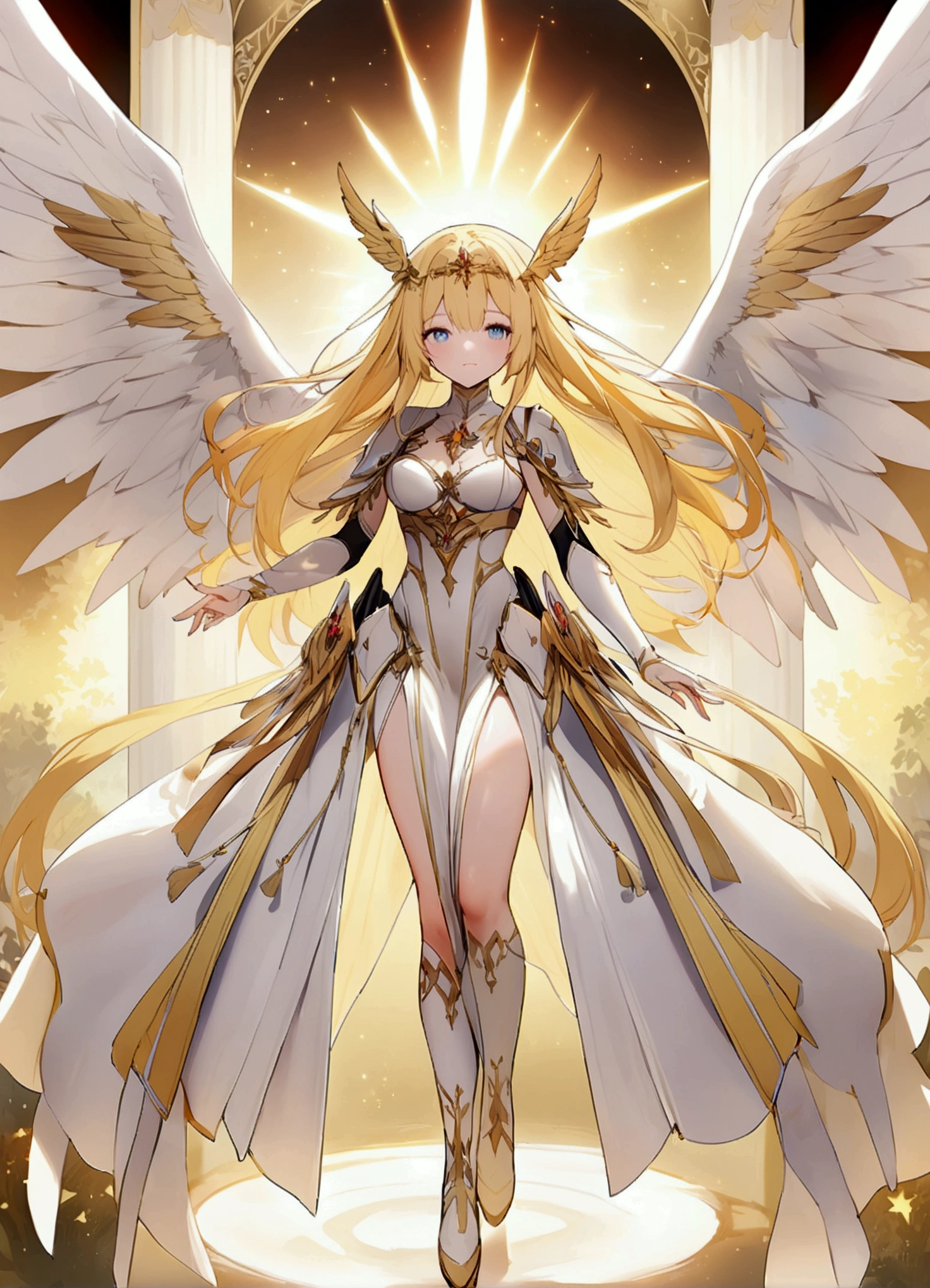 Goddess of victory。Valkyrie。White Armor。Golden Sword。Golden Hair。Whole body。Wearing boots。Wings are growing。Beautiful face