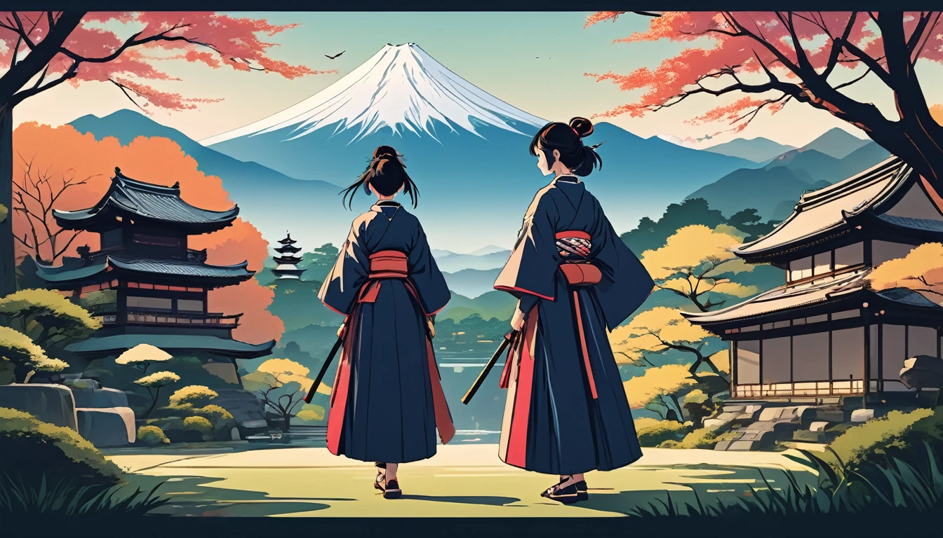 Female samurai,Japanese garden、Fuji Mountain、 Wide-angle lens, Lofi Anime, Lofi illustration, Aesthetic atmosphere, Lo-Fi Style, Vector art, Flat Design, Simple shape, Warm tones, Pleasant atmosphere, Chill, In anime style, Digital drawing, Vector art, Vector logo for t-shirt printing, (Adorable:1.5), (small:1.4), (Playful:1.2), (soft:1.3), (Whimsical:1.1), masterpiece, Highest quality, 8k, Intricate details, grow, Celestial, Mysterious, Picturesque, amazing, Majestic, Magic, Fantasy art, Cover art, dream-like