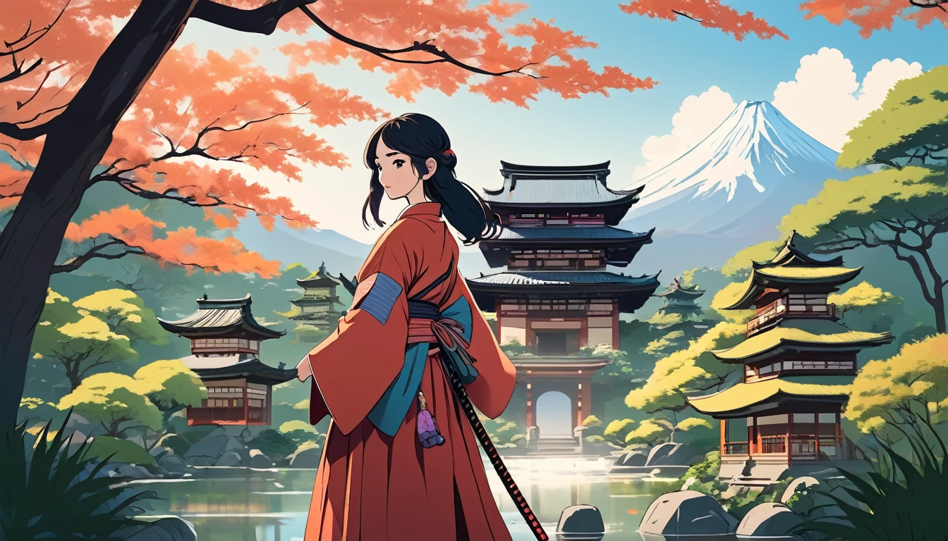 Female samurai,Japanese garden、Fuji Mountain、 Wide-angle lens, Lofi Anime, Lofi illustration, Aesthetic atmosphere, Lo-Fi Style, Vector art, Flat Design, Simple shape, Warm tones, Pleasant atmosphere, Chill, In anime style, Digital drawing, Vector art, Vector logo for t-shirt printing, (Adorable:1.5), (small:1.4), (Playful:1.2), (soft:1.3), (Whimsical:1.1), masterpiece, Highest quality, 8k, Intricate details, grow, Celestial, Mysterious, Picturesque, amazing, Majestic, Magic, Fantasy art, Cover art, dream-like