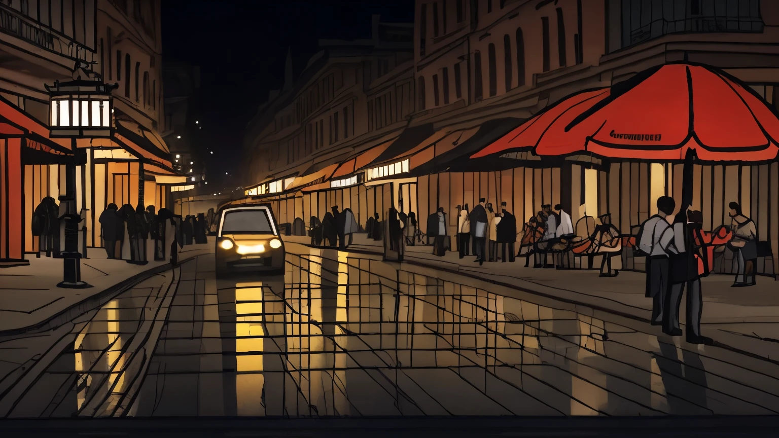 A serene nighttime urban street corner with rain gently falling, neon lights glowing, and people walking with umbrellas. The scene is in a line art style with watercolor effects, creating a warm and nostalgic atmosphere. The rain and lights should loop seamlessly, starting and ending with the same intensity of rain and lighting.
