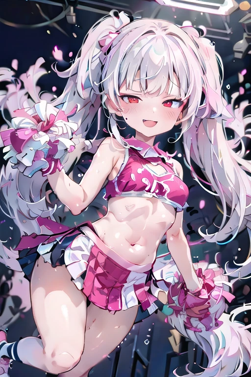 pretty girl、Young face、long silver Hair、long Twin tails、Pink eyeischievous face、Spoiled brat、Immature body、(Small breasts)、(tiny breasts)、smile、Sweat、(Thick thighs:1.5)、very little demon horns and tail、red eyes、On all fours、Backwards、looking at viewer、sweat、pink tattoo on her abdomen、ハート型の眼、Open mouth、double teeth、fang、blushing and sticking out her cute tongue, tongue out、sensational、cheerleader、whole body