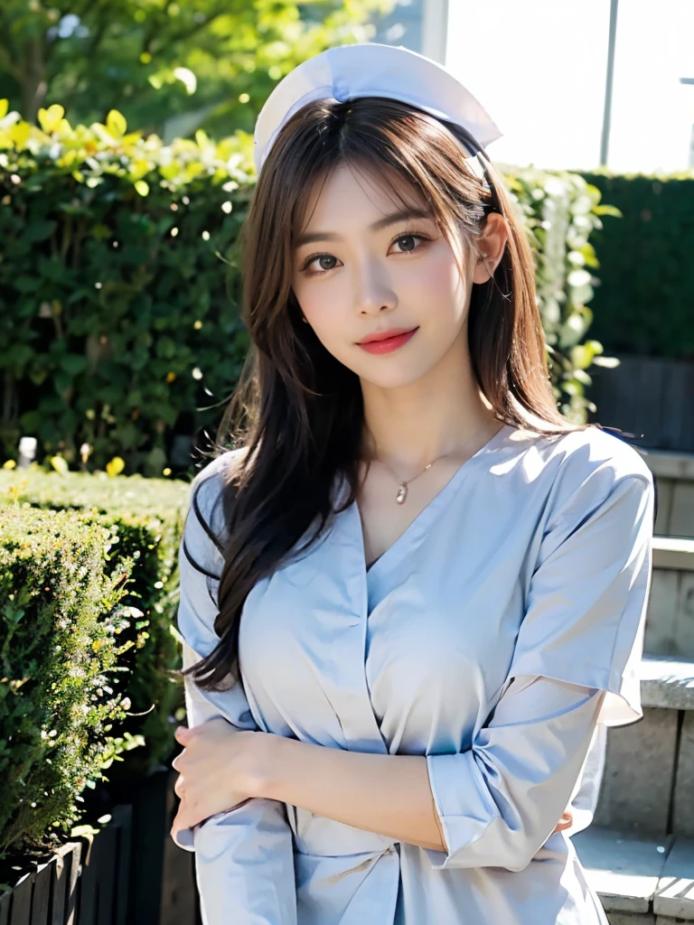 ((Mature woman standng in a garden)),(( nurse uniform:1.2)). 40k, Photography, masutepiece, Best Quality, dark grey background, ((Mature Women, waifu, A MILF)), ((big breasts)), Perfect face, perfect , ((Two_girl with brown eyes and gorgeous bright black hair)). a Pretty Japanese woman,wet hair look, completely soft chest and white skin, ((Very soft breasts)). Ultra-detailed face, Detailed eyes, looking into camera, embarrassed, Smile, closed lips, closed mouth, closed lips, no teeth, standing, nightime, smooth light on face, vivid