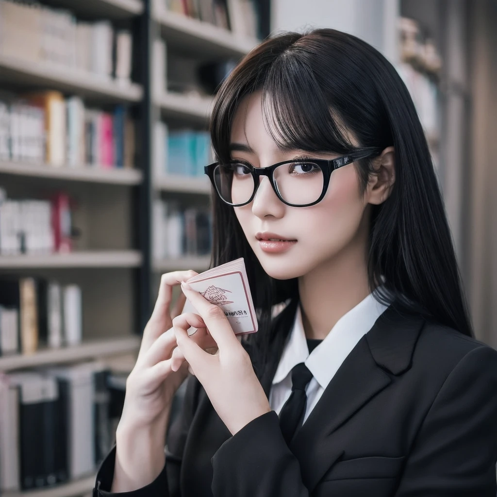 A beautiful Asian businesswoman in a black suit, holding a cream-colored book, grey eyes, black glasses, siren office makeup with long lashes and natural pink colored lips, the background is white, negative space, Eye-level shot, perfect face proportion, natural, soft light, high quality, beautiful, max clarity, professional photography.