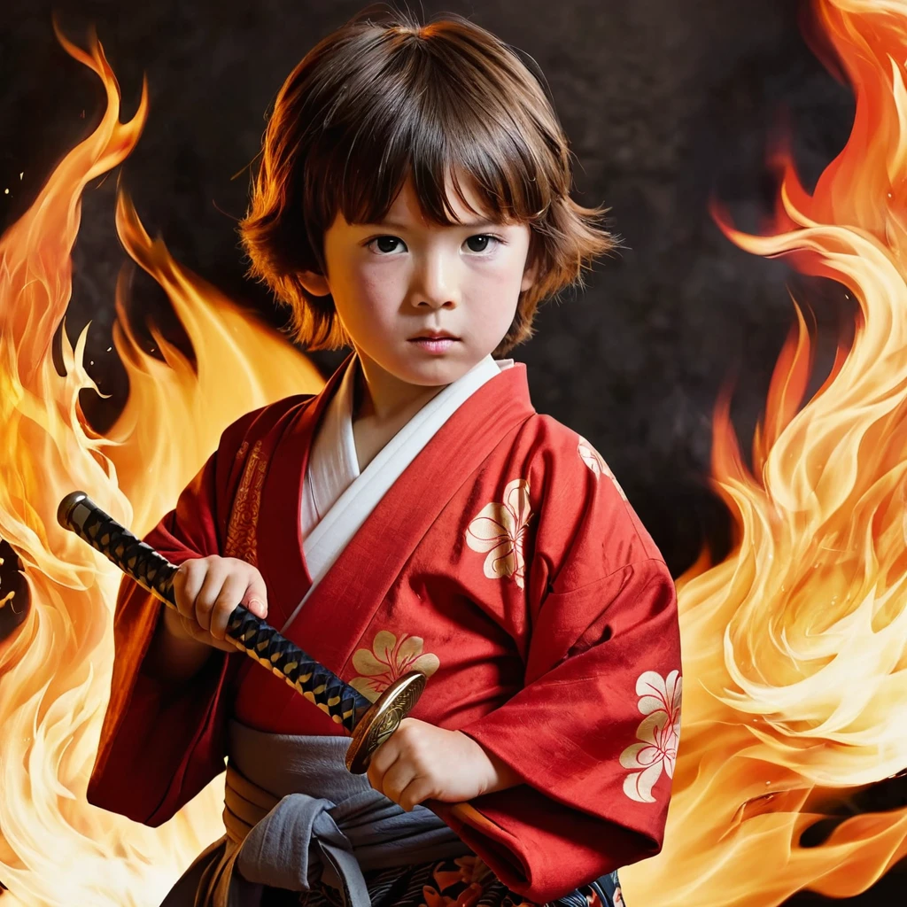 A young boy with brown short hair with birth mark like fire. In the background samurai wit flaming sword dressed with red kimono, long brown hair, with birth mark like fire, and holdimg a flaming sword 