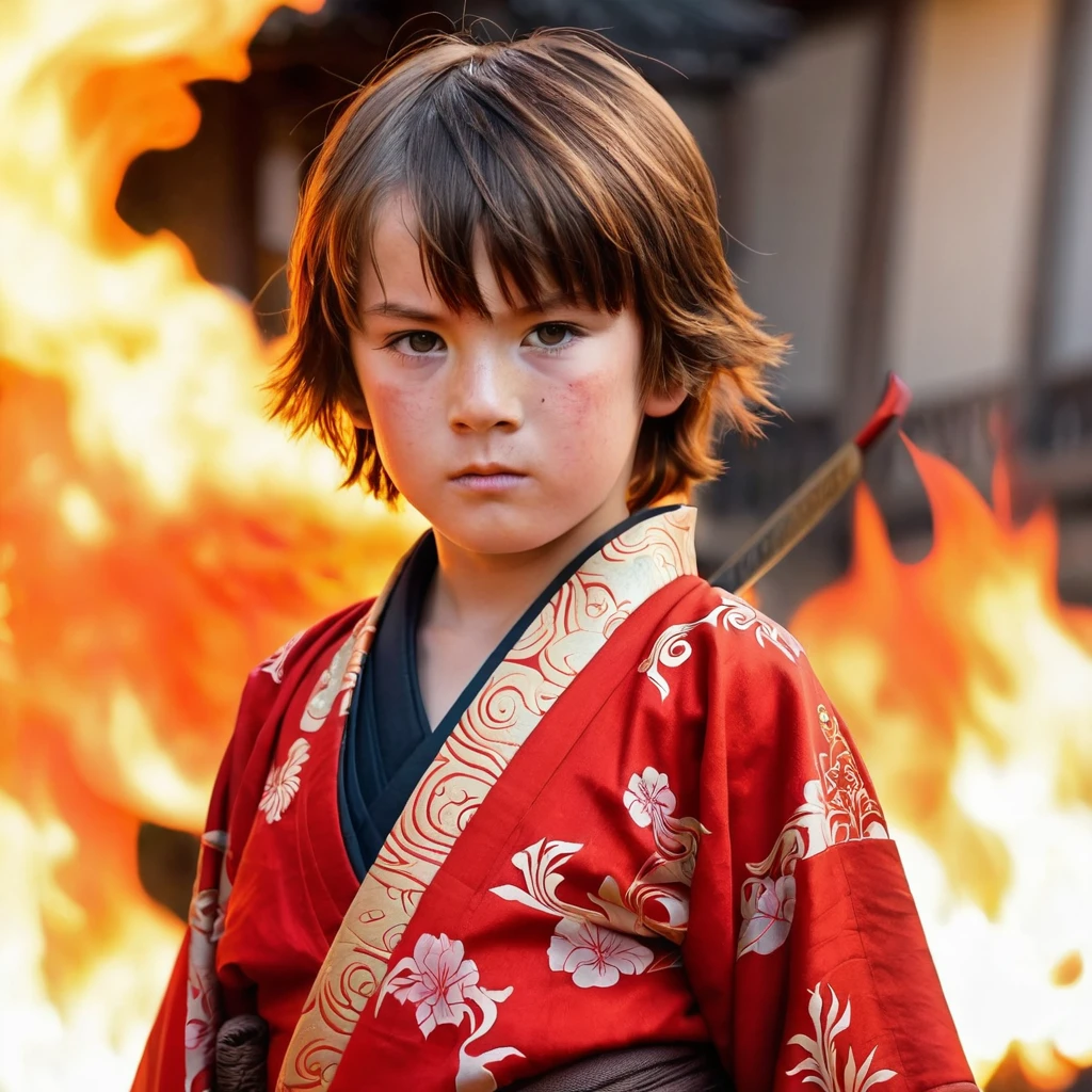 A young boy with brown short hair with birth mark like fire. In the background samurai wit flaming sword dressed with red kimono, long brown hair, with birth mark like fire, and holdimg a flaming sword
