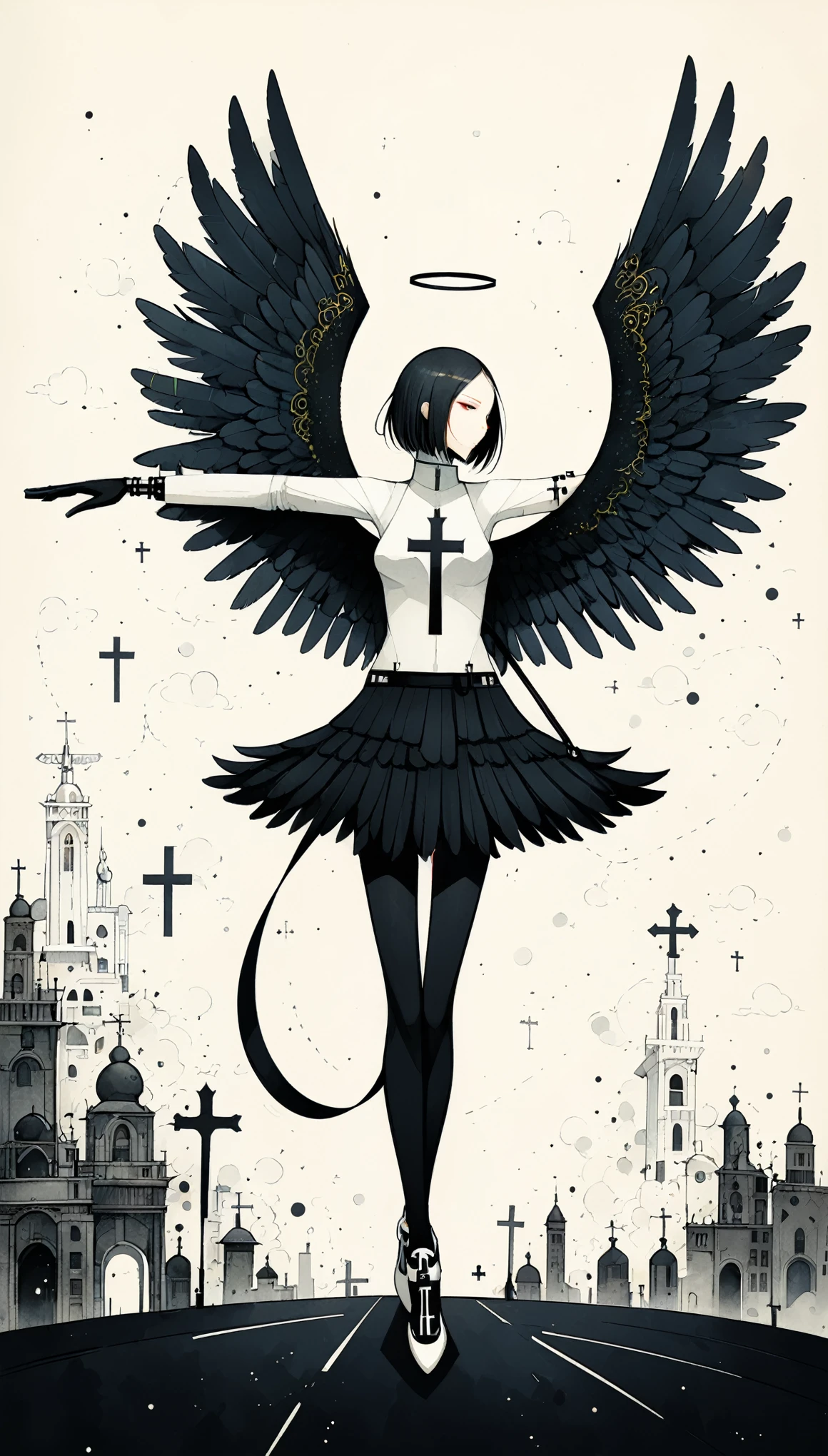 in style of Santiago Caruso,in style of Dan Matutina,(in style of Mike Azevedo:1.4),
1girl,(bikkii:1.3),(withe and black cross angel:1.4),(cross-body stretch:1.2),
(black wing and white wing:1.4),