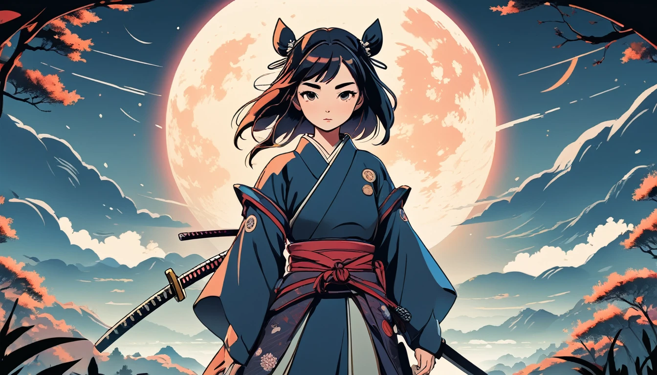 Female samurai, Wide-angle lens, Lofi Anime, Lofi illustration, Aesthetic atmosphere, Lo-Fi Style, Vector art, Flat Design, Simple shape, Warm tones, Pleasant atmosphere, Chill, In anime style, Digital drawing, Vector art, Vector logo for t-shirt printing, (Adorable:1.5), (small:1.4), (Playful:1.2), (soft:1.3), (Whimsical:1.1), masterpiece, Highest quality, 8k, Intricate details, grow, Celestial, Mysterious, Picturesque, amazing, Majestic, Magic, Fantasy art, Cover art, dream-like