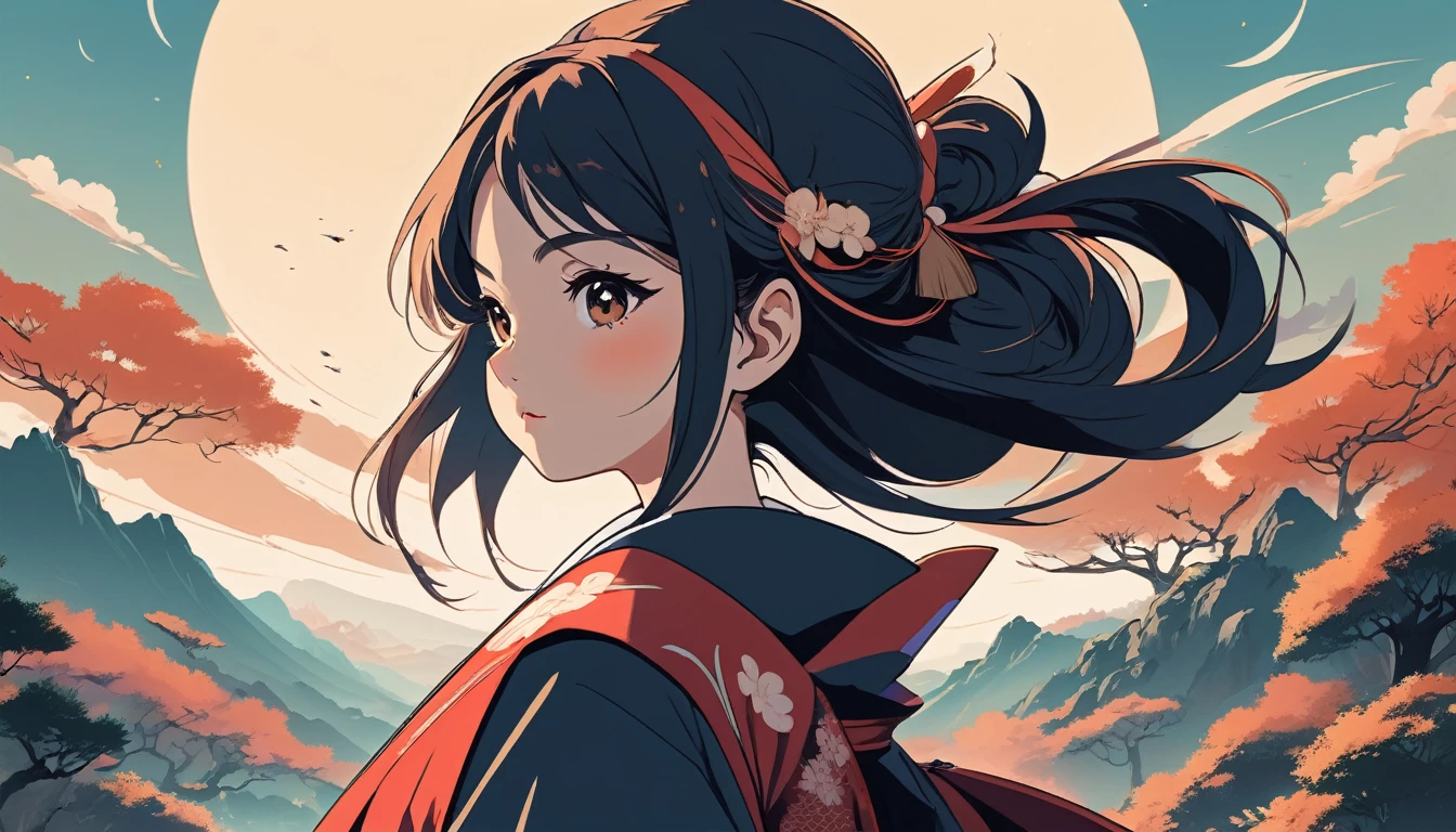 Female samurai, Wide-angle lens, Lofi Anime, Lofi illustration, Aesthetic atmosphere, Lo-Fi Style, Vector art, Flat Design, Simple shape, Warm tones, Pleasant atmosphere, Chill, In anime style, Digital drawing, Vector art, Vector logo for t-shirt printing, (Adorable:1.5), (small:1.4), (Playful:1.2), (soft:1.3), (Whimsical:1.1), masterpiece, Highest quality, 8k, Intricate details, grow, Celestial, Mysterious, Picturesque, amazing, Majestic, Magic, Fantasy art, Cover art, dream-like