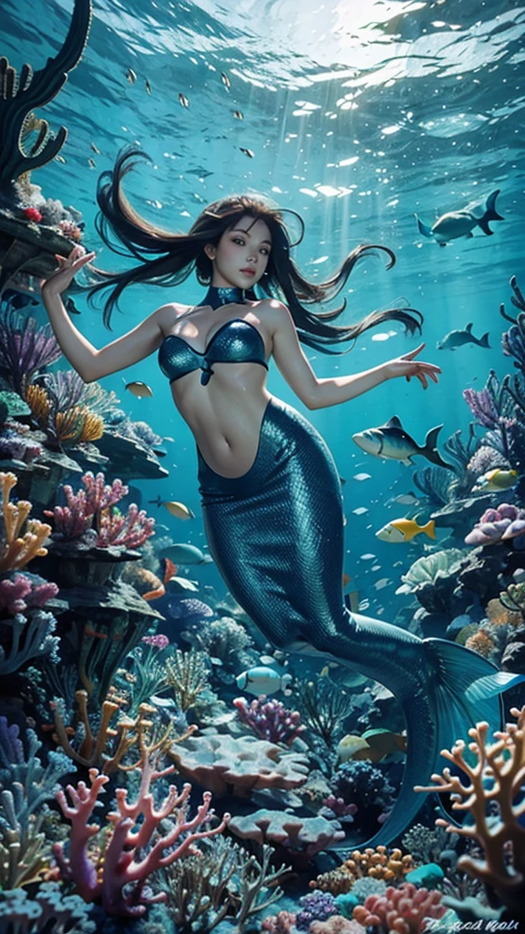 under the sea scuba mermaid coreal diving wide angle group of fish