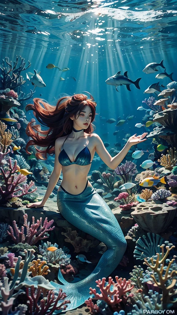 under the sea scuba mermaid coreal diving wide angle group of fish