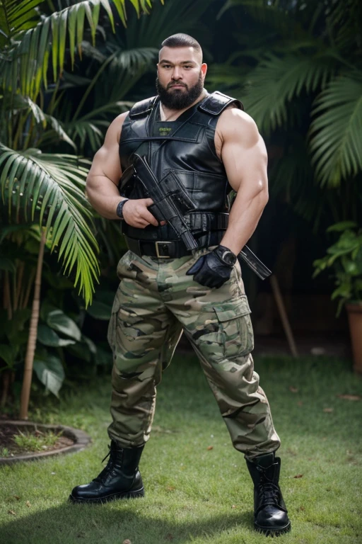 man,Buzz cut,肌肉维度Very large,A mountain-like figure,Brown skin,Thick beard,Looks fierce,Fat-encapsulated muscle。Wear a white crocodile leather vest,Wear a green and white jungle camouflage rag cape,Fishnet sleeves on arms,There is a bullet bag on the left arm,Black leather open-toe tactical gloves on hands,Tactical waist belt tied around waist,There are various combat props in the waistband(Everything)。Green jungle camouflage pants,Black leather knee pads,Wearing black tactical combat boots,The feet are wrapped in white military socks,There are black straps on the thighs and body。A communicator around the neck。Bracelet with wolf teeth as decoration on the wrist。male,Fat-encapsulated muscle,A bear-like head,Very large,Buzz cut,Beard。On guard。