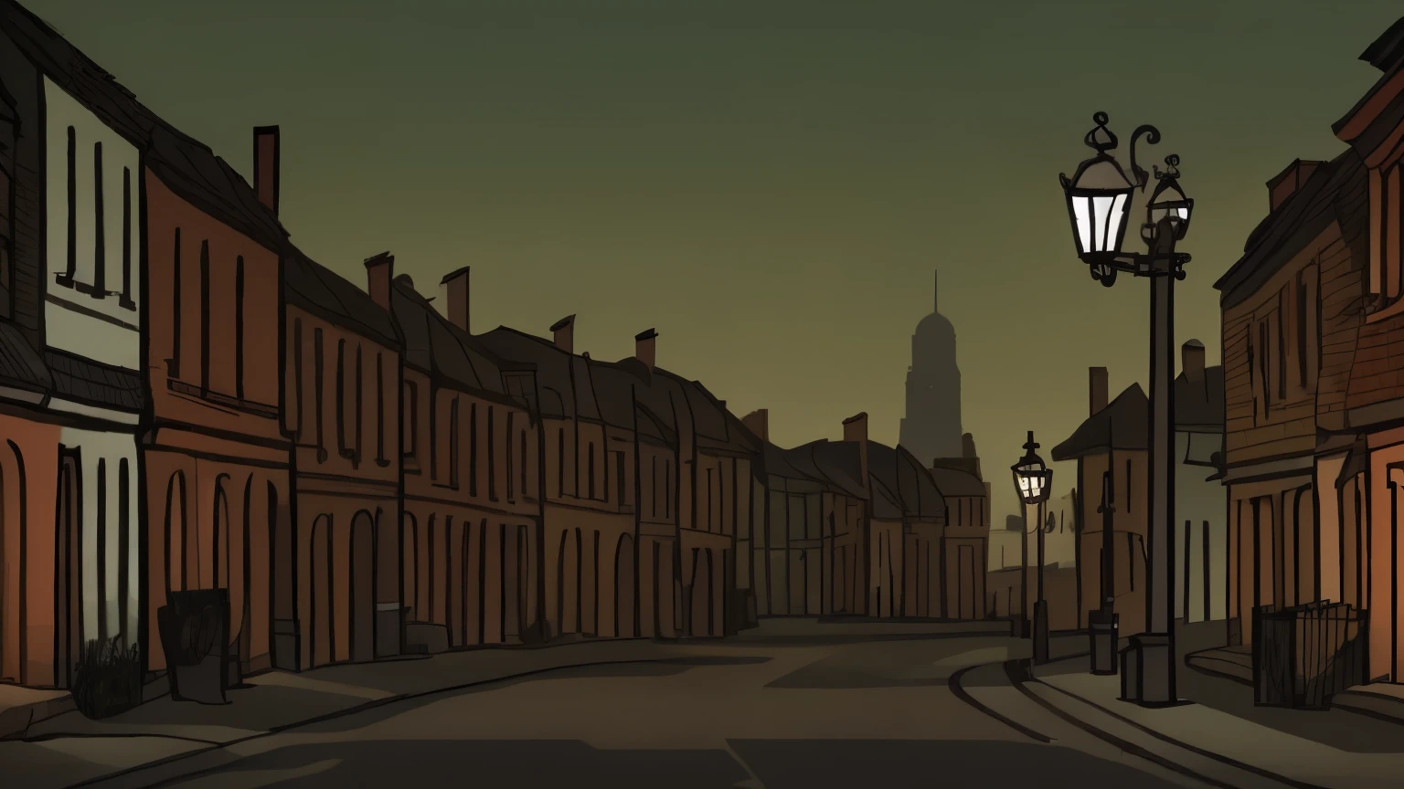 A quiet cobblestone street lined with retro houses and dimly lit street lamps. A cat crosses the street. The street lights and cat’s movement should loop seamlessly, starting and ending with the same light intensity and cat position. The scene is in a line art style with watercolor effects, creating a warm and nostalgic atmosphere.
