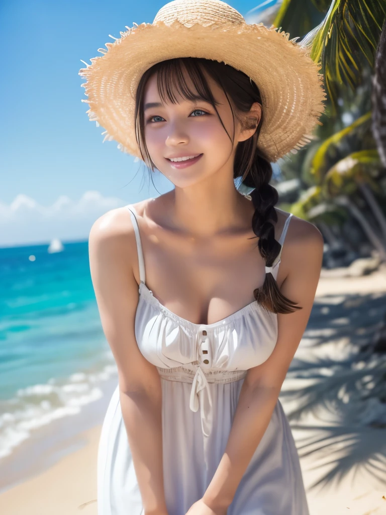 Highest quality, Ultra high definition, masterpiece, , ,short, Huge breasts, Gray Hair,Low twin tails, Purple eyes, Soft and sexy lips,Lip gloss, Soft skin texture, , Thin twin tails,, Beach, Ocean, White Dress, White Skirt, White dress, Straw hat,  (((shy))), (Happy), Leaning forward, summer, From above, Reaching out, smile, summerの強い日差し, Depth of written boundary, 8k Raw Photo:1.5, 