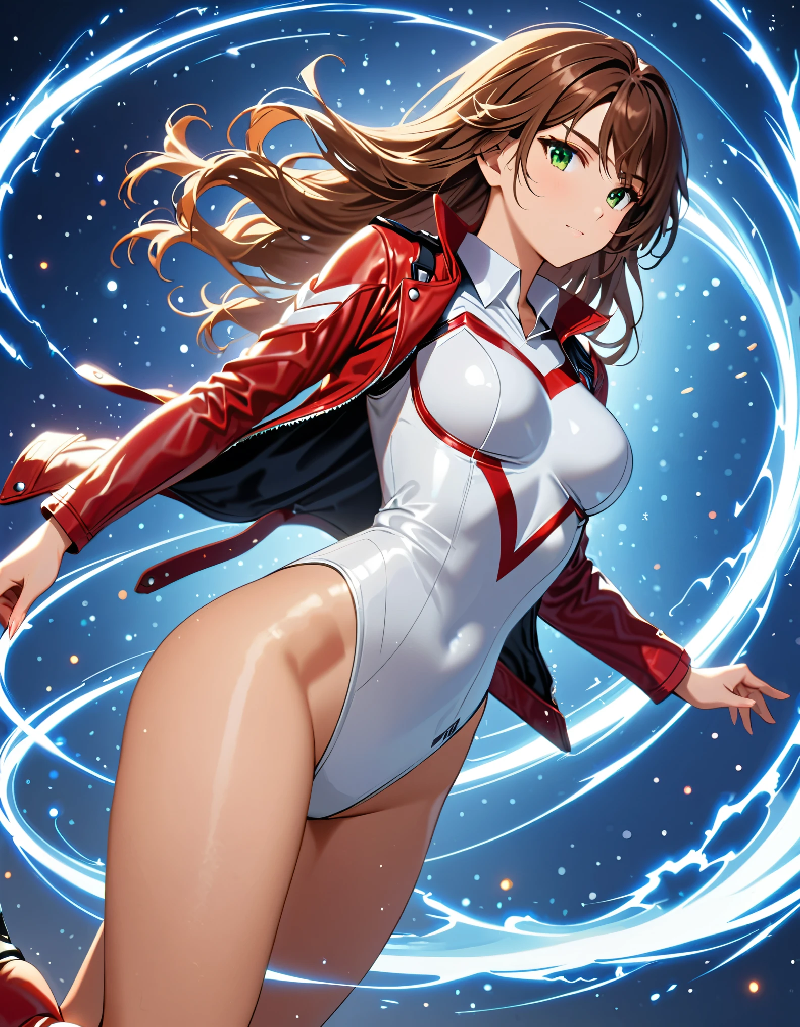 (masterpiece), (best quality), (high res), 1lady, tall body, professional, beautiful detailed eyes, beautiful detailed face, serious, perfect hands, complete fingers, perfect anatomy, perfect proportions, ((brown hair, medium hair, hair down)), ahoge, ((green eyes)), ((leotard, white leotard, matching leotard)), ((white dress collar, open collar)), ((bare legs)), ((boots, matching boots, ankle-high boots, red boots)), breasts, medium breasts, (full body portrait), (solo, solo focus), cowboy shot, space backdrop, (((yellow upside-down chevron) (symbol) on chest)), ((red leather jacket, open jacket)). (T-pose, legs together). (spins fast in place like a tornado, whirls fast in place like a tornado, tornado whirling, spiral lines around her, spinning energy pulse around her, storm winds around her, whirls into a tornado, (she whirls) in (super speeds)). full body costume design. curved sword slash. she super-spins.