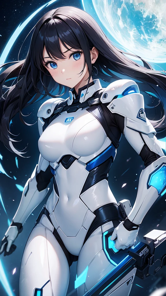 14 years old、beautiful girl、Fight、White sexy android suit、night、blue beam