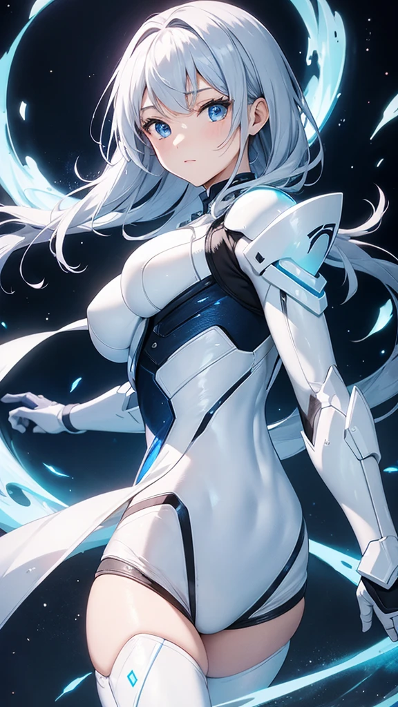 、beautiful girl、Fight、White sexy android suit、night、blue beam