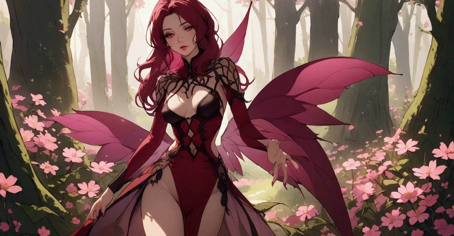 A fairy with long burgundy hair, wearing a sexy outfit, sexly, of pink flowers, your wings are burgundy, she is in a forest, detailed