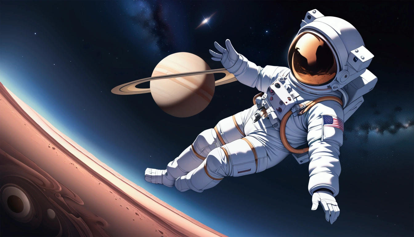 ((masterpiece)),((Highest quality)),((High resolution)),((Anatomical)),((Realistic)),((Detailed Description)), ((Full body view)), ,8K)), (((1 SPACE GIRL, CUTE ANIME GIRL)))) ((FOCUS CUTE FACE,, CUTE GIRL, ASTRONAUT SUIT, BACKGROUND SPACE GALAXY. SIDE VIEW. SHE IS LOOKING TO THE VIEWER, EPIC BACKGROUND , SPACE , GALAXY, PLANET SATURN.