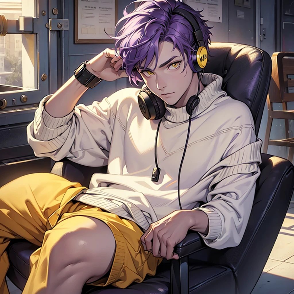 ((best quality)), ((masterpiece)), (detailed),man, off-shoulder sweater, sitting , Purple hair, short hair , White skin, yellow eyes , Chilling face , Put on headphones