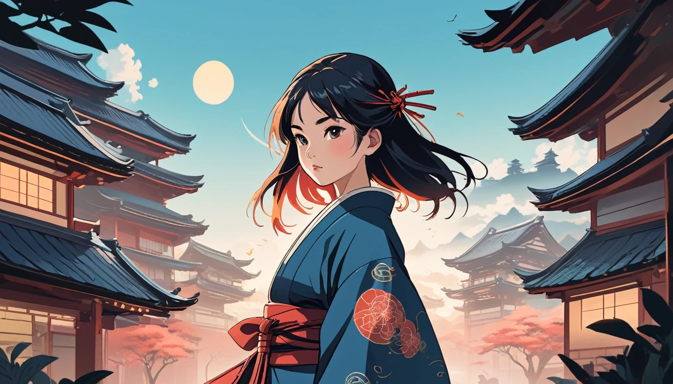 Female samurai, Wide-angle lens, Lofi Anime, Lofi illustration, Aesthetic atmosphere, Lo-Fi Style, Vector art, Flat Design, Simple shape, Warm tones, Pleasant atmosphere, Chill, In anime style, Digital drawing, Vector art, Vector logo for t-shirt printing, (Adorable:1.5), (small:1.4), (Playful:1.2), (soft:1.3), (Whimsical:1.1), masterpiece, Highest quality, 8k, Intricate details, grow, Celestial, Mysterious, Picturesque, amazing, Majestic, Magic, Fantasy art, Cover art, dream-like