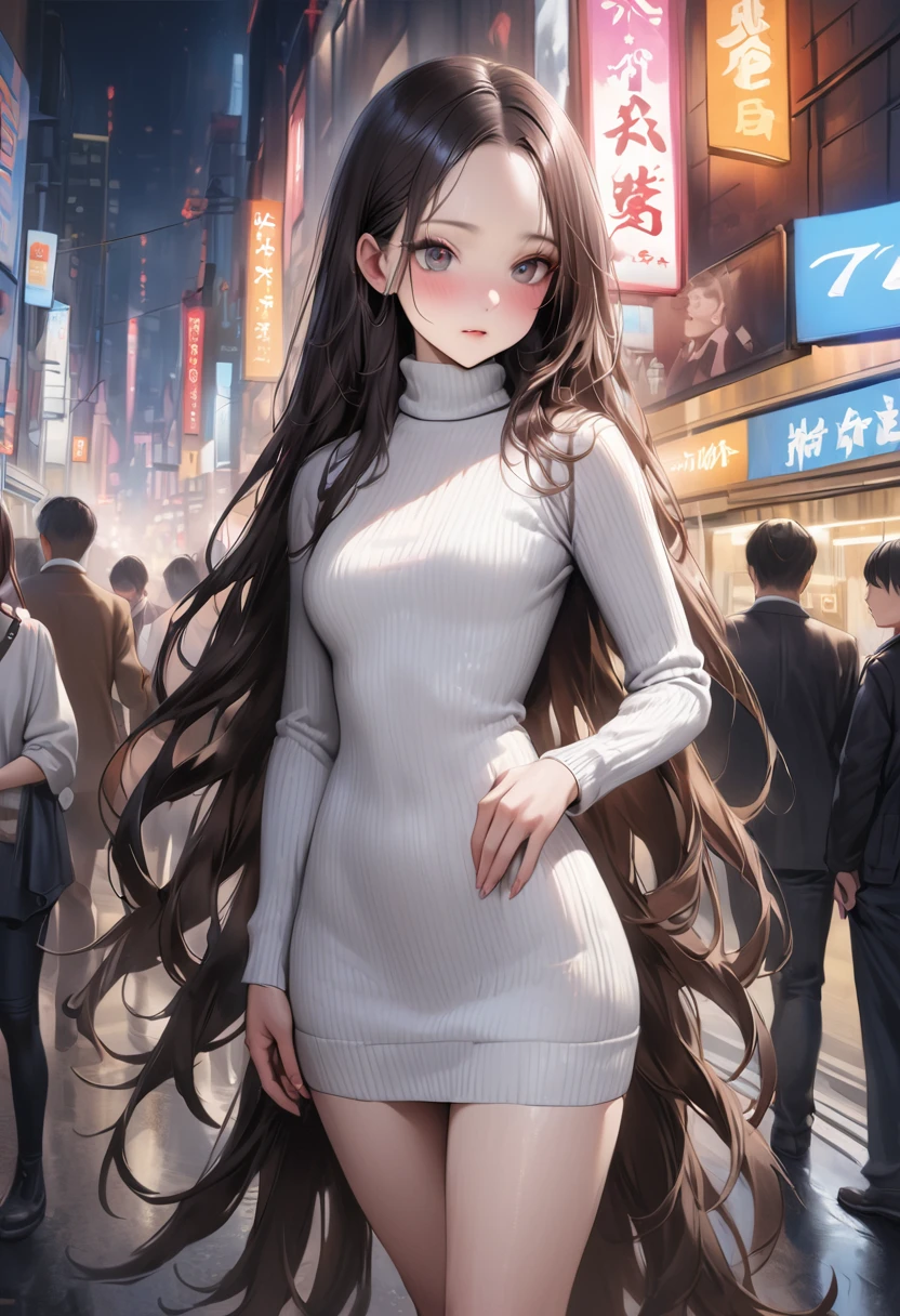 realistic,((masterpiece,Highest quality:1.3,best quality illustration)),cowboy shot,独奏,1woman,(25 year old beauty),((very small head:1.3)),black hair,long hair,forehead,center parted bangs,black eyes,gorgeous big eyes,blush,((very long body,skinny)),medium breasts,White long sleeve turtleneck knit sweater、Dark blue plaid mini skirt、gleaming skin,toned body,slender body,skinny,standing,on street,Shinjuku、Tokyo、