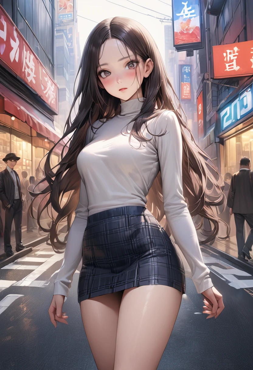 realistic,((masterpiece,Highest quality:1.3,best quality illustration)),cowboy shot,独奏,1woman,(25 year old beauty),((very small head:1.3)),black hair,long hair,forehead,center parted bangs,black eyes,gorgeous big eyes,blush,((very long body,skinny)),medium breasts,White long sleeve turtleneck knit sweater、Dark blue plaid mini skirt、gleaming skin,toned body,slender body,skinny,standing,on street,Shinjuku、Tokyo、