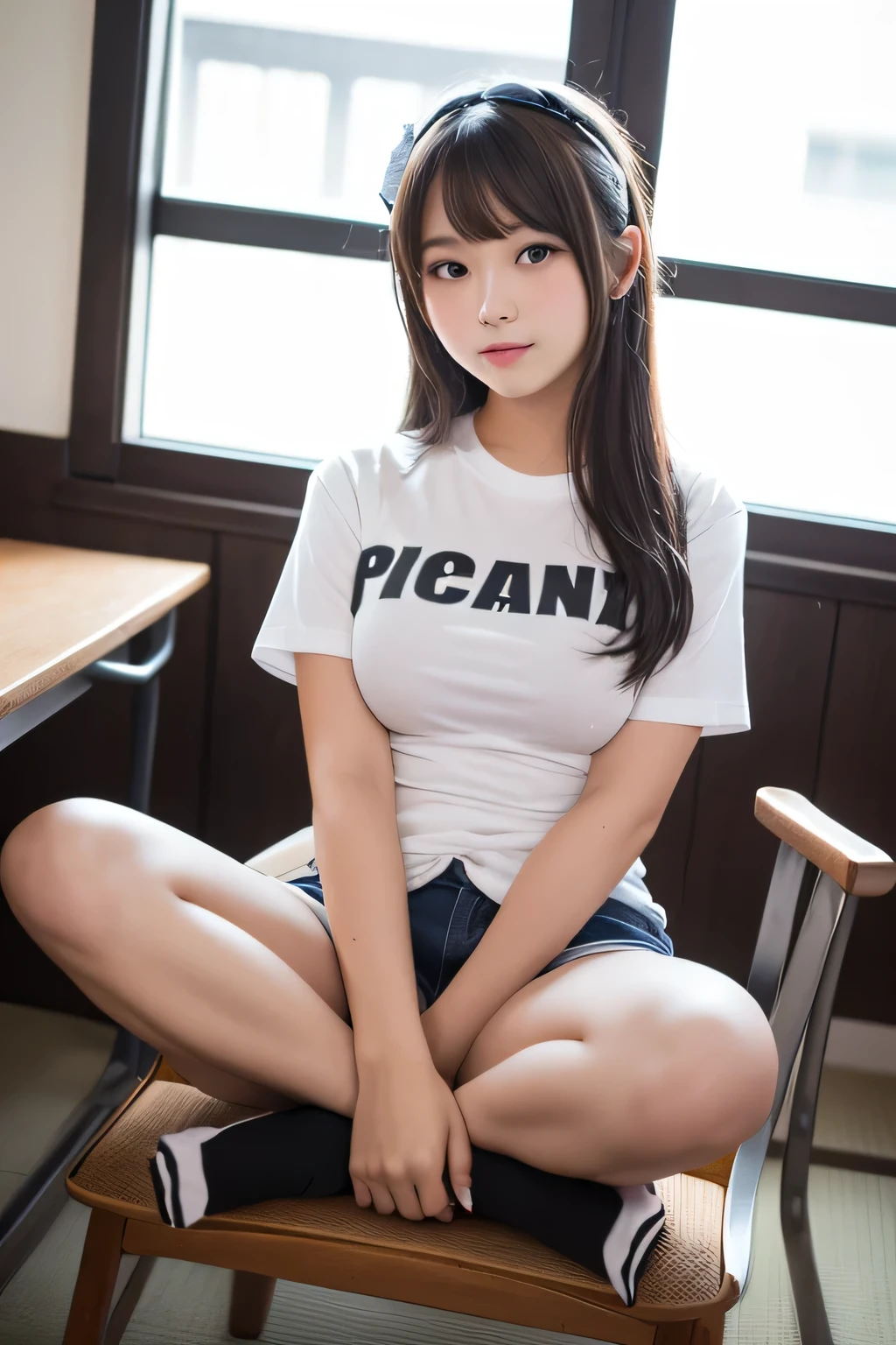 Highest quality, 8k, masterpiece, 、Sit on a chair、Spread your legs、Knee Up、Black knee-high socks、Sexy pose、Big Breasts、Chest tightness、T-Shirts、Cute like an idol、cute、Japanese、Shorts、from the front、Plump thighs、Leg spread