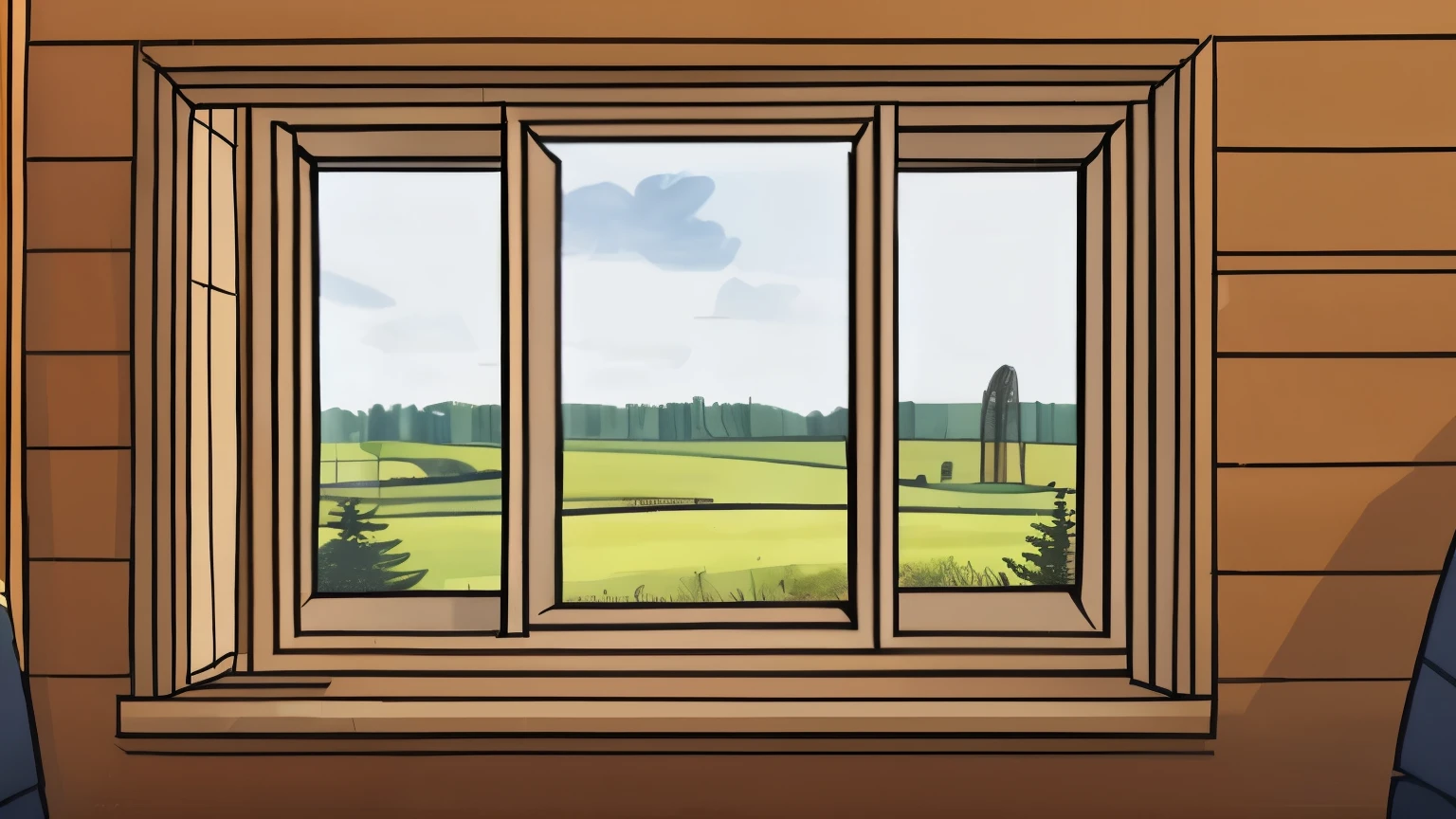 A slow-moving train view through a window, showing a countryside landscape with flowers and trees swaying in the wind. The landscape and wind movement should loop seamlessly, starting and ending with the same scenery and sway. The scene is in a line art style with watercolor effects, creating a warm and nostalgic atmosphere.