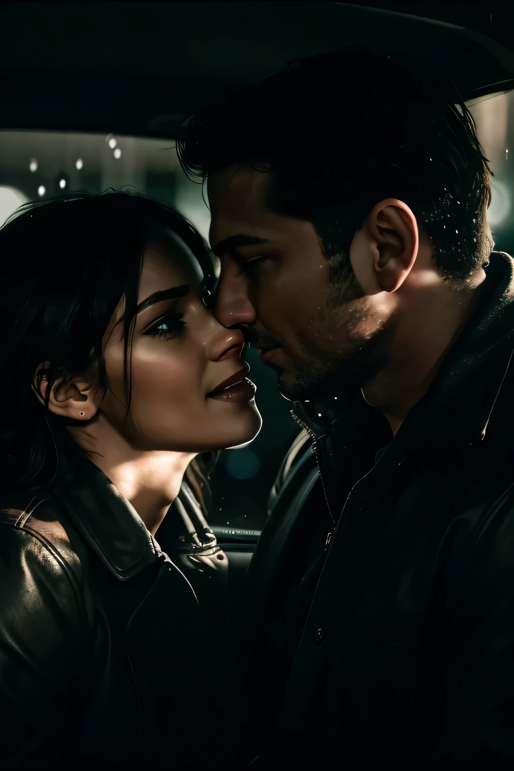 a man and a woman kissing inside a car in a shopping mall parking lot dark and rainy scene, detail, light smile, realism, cinematic lighting, backlighting, wide shot, overexposure, 4k, 8k, masterpiece, anatomically correct, super detail, high quality, best quality, award winning