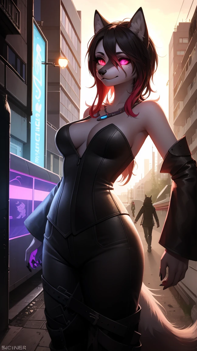 Cyberpunk fox, Schönes LIcht und Schatten auf eInem schönen GesIcht mIt hellrosa Haaren、AmbIentebeleuchtung am Strand、Ultra-fIne fur、Das volumetrIsche LIcht Ist sehr detaIllIert,Furry Art von höchster QualItät, I