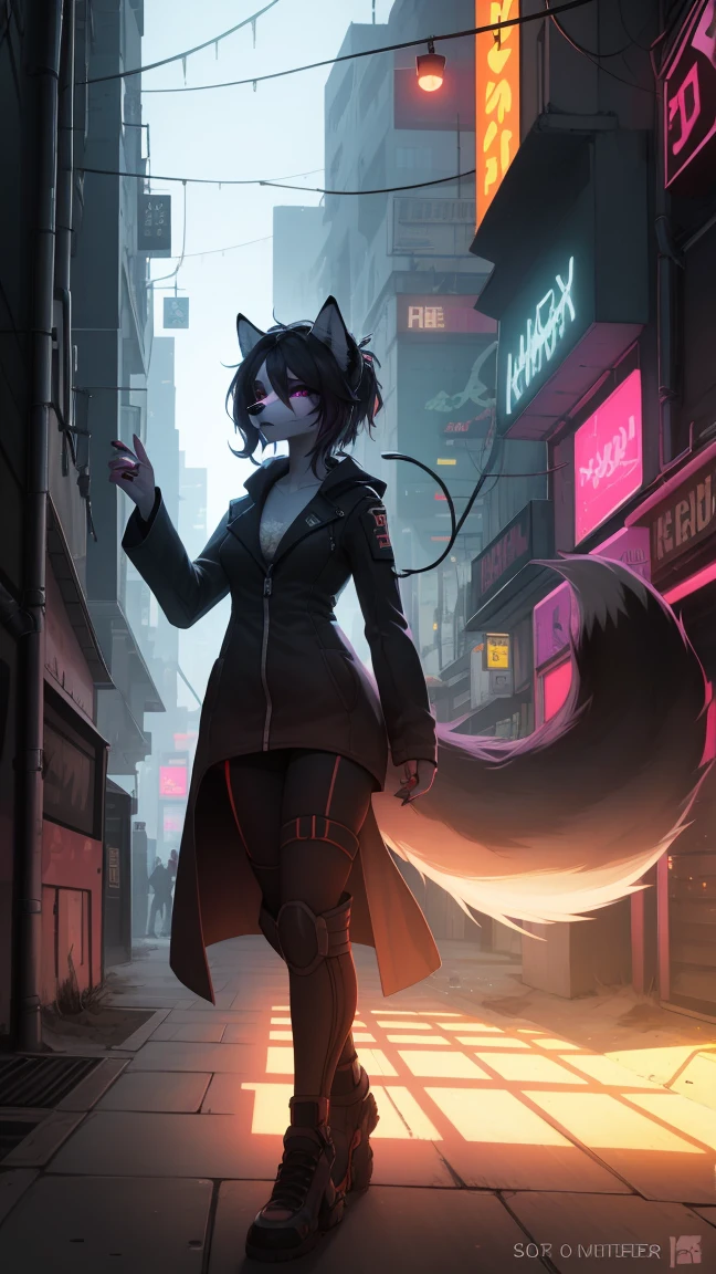 Cyberpunk fox, Schönes LIcht und Schatten auf eInem schönen GesIcht mIt hellrosa Haaren、AmbIentebeleuchtung am Strand、Ultra-fIne fur、Das volumetrIsche LIcht Ist sehr detaIllIert，Furry Art von höchster QualItät, I