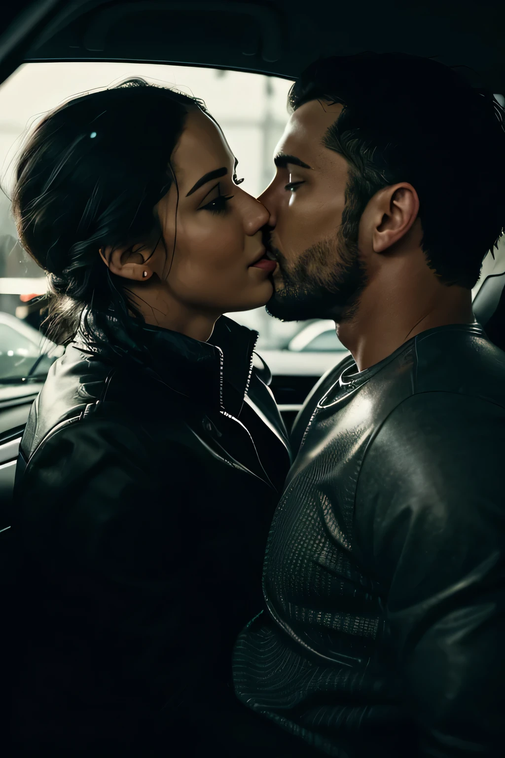 a man and a woman kissing inside a car in a shopping mall parking lot dark and rainy scene, detail, light smile, realism, cinematic lighting, backlighting, wide shot, overexposure, 4k, 8k, masterpiece, anatomically correct, super detail, high quality, best quality, award winning