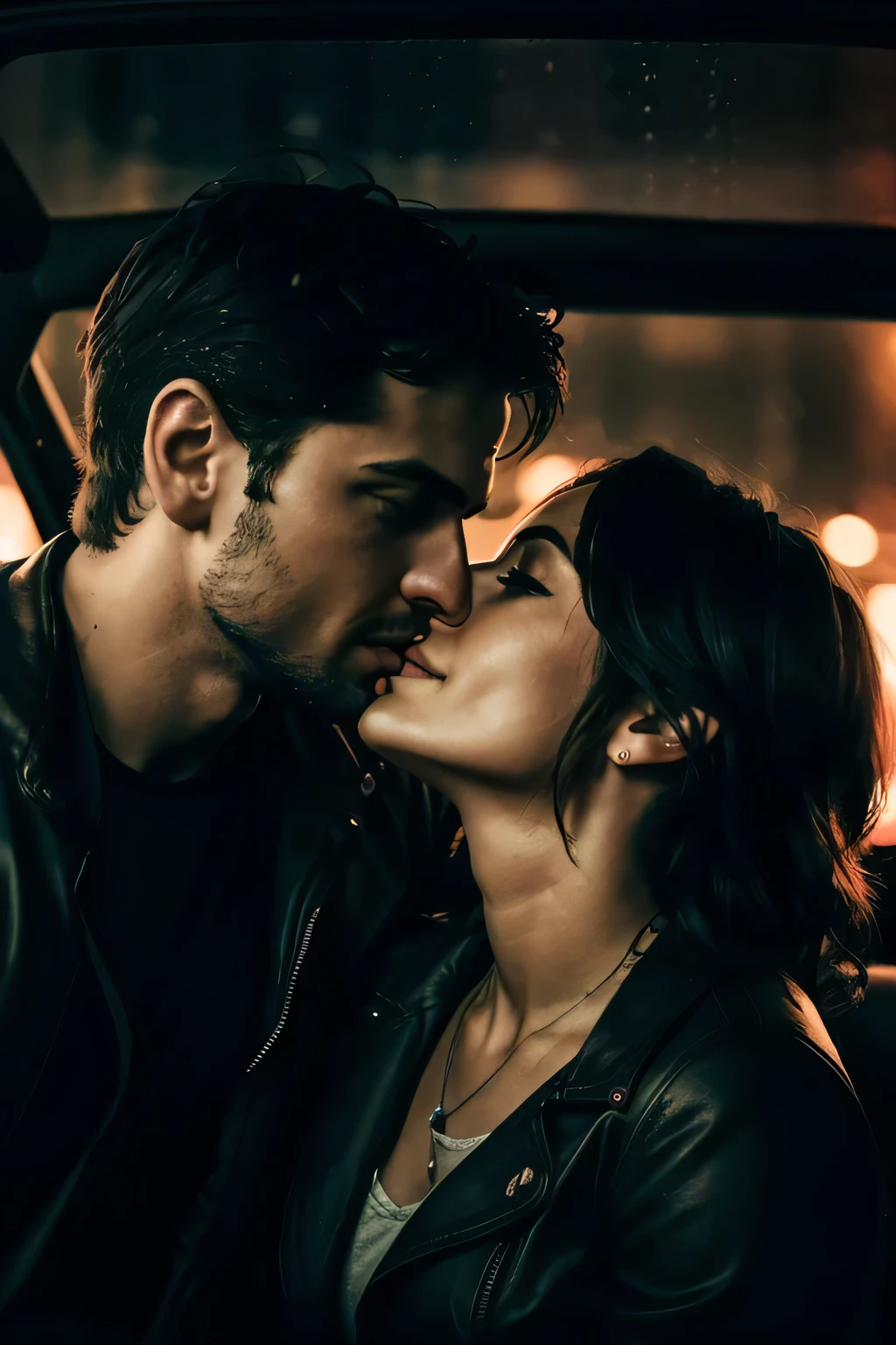 a man and a woman kissing inside a car in a shopping mall parking lot dark and rainy scene, detail, light smile, realism, cinematic lighting, backlighting, wide shot, overexposure, 4k, 8k, masterpiece, anatomically correct, super detail, high quality, best quality, award winning
