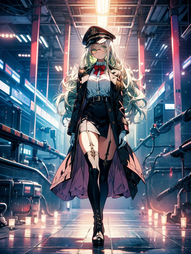 masterpiece, best quality, beautiful girl, white hair with green color inner, green eyes color, blue and white military uniform, mature_female, eyes glasses , white gloves, anime, blue military hat, very_long_hair, perfect body, commander, science_fiction, black knee-high boots, Side slit white skirt, cowboy_shot , large_breasts, ultra-detailed, high quality, british military dress uniform, sci-fi, dark blue Trench Coat, 1girl, 4k, military base ,perfect hands, full body, great details, beautiful anime illustrations, 26 years old, red ribbon bow tie, white stockings 