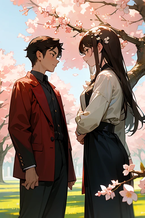 A young man and a young woman stand side by side under a blossoming hawthorn tree