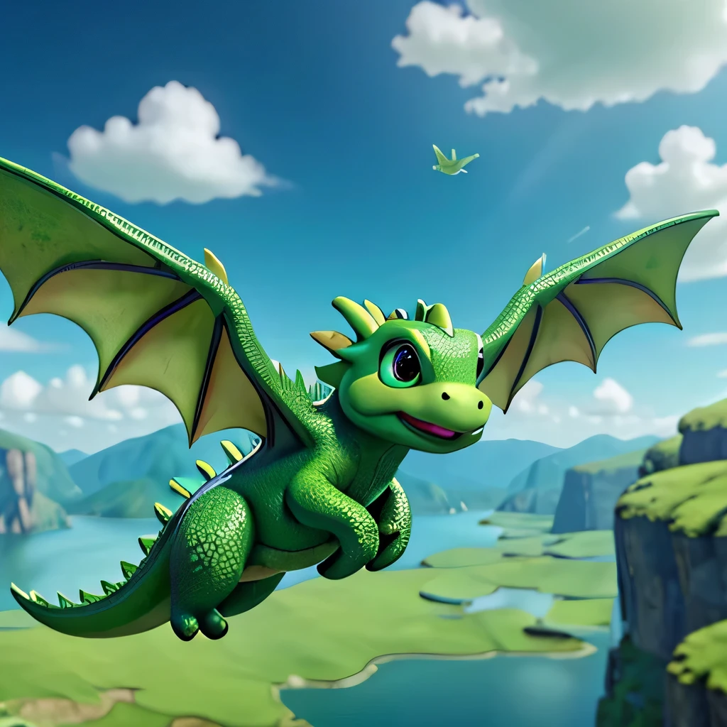 Big cute green dragon、Flying scene、Flying on two wings、Floating in the air、((Landscape:1.1))