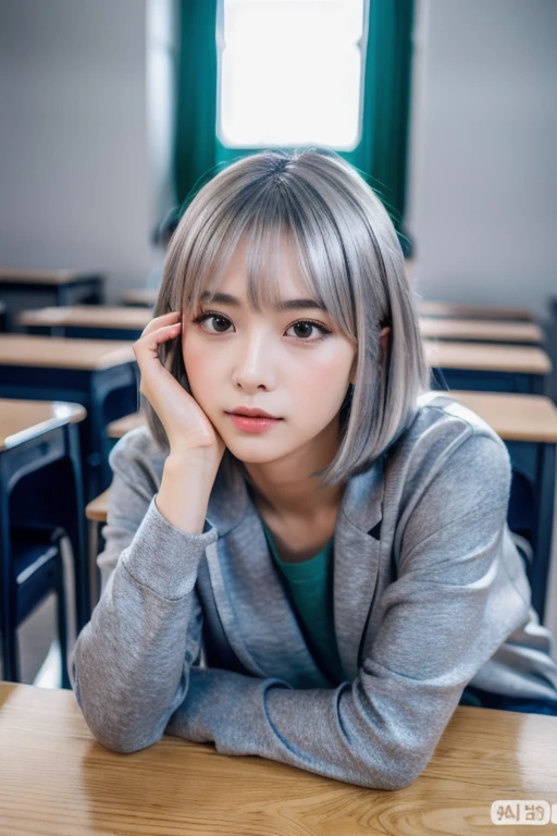 1girl, extremely beautiful girl, extremely beautiful face, (Double eyelids), silver bob hair, full body portrait, high school girl, (8k, RAW photo, best quality, masterpiece:1.2), (realistic, photo-realistic:1.2), in the classroom