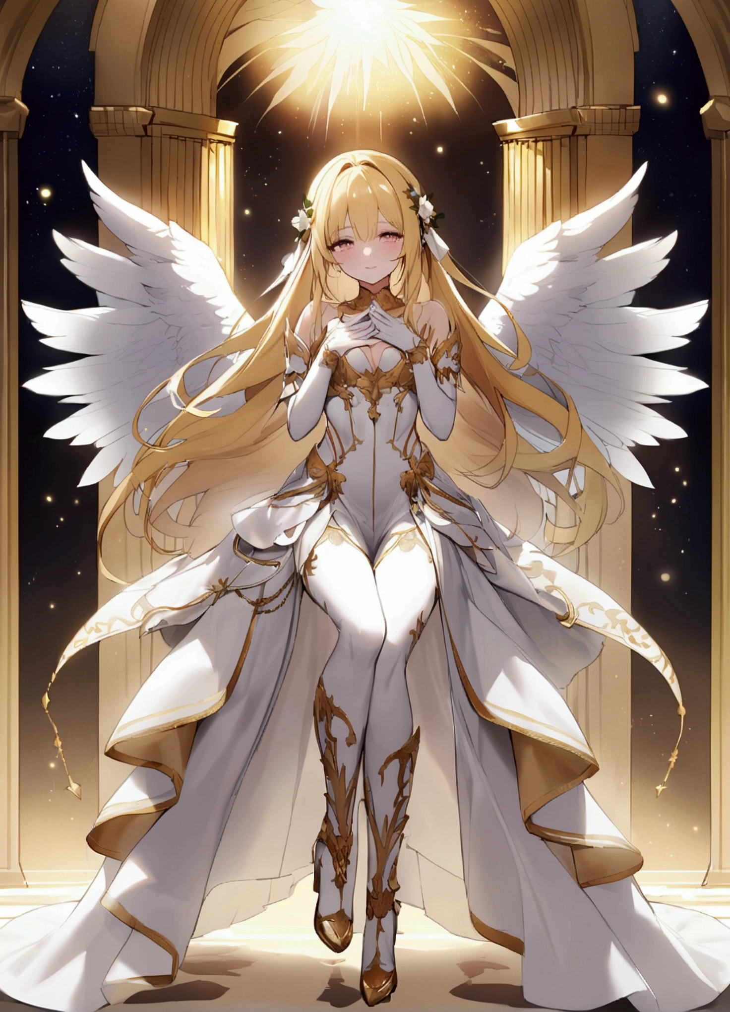 Goddess of victory。Valkyrie。White Armor。Golden Sword。Golden Hair。Whole body。Wearing boots。Angel wings growing。Beautiful face