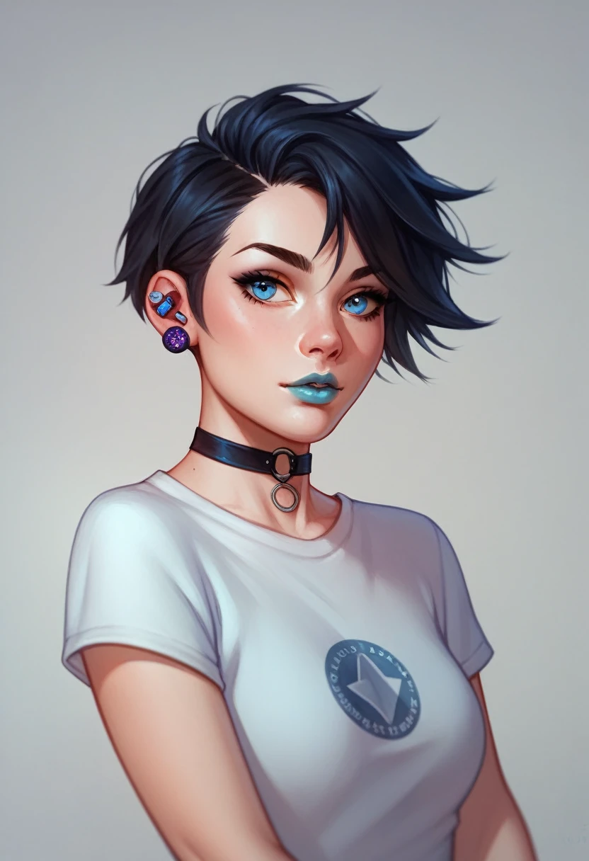 cerulean. really short hair, hair made of galaxy and Cosmo. choker. Amber blue eyes. Bblack hair. cyan lips. t - shirt. a photo of a face nearby. Earplug