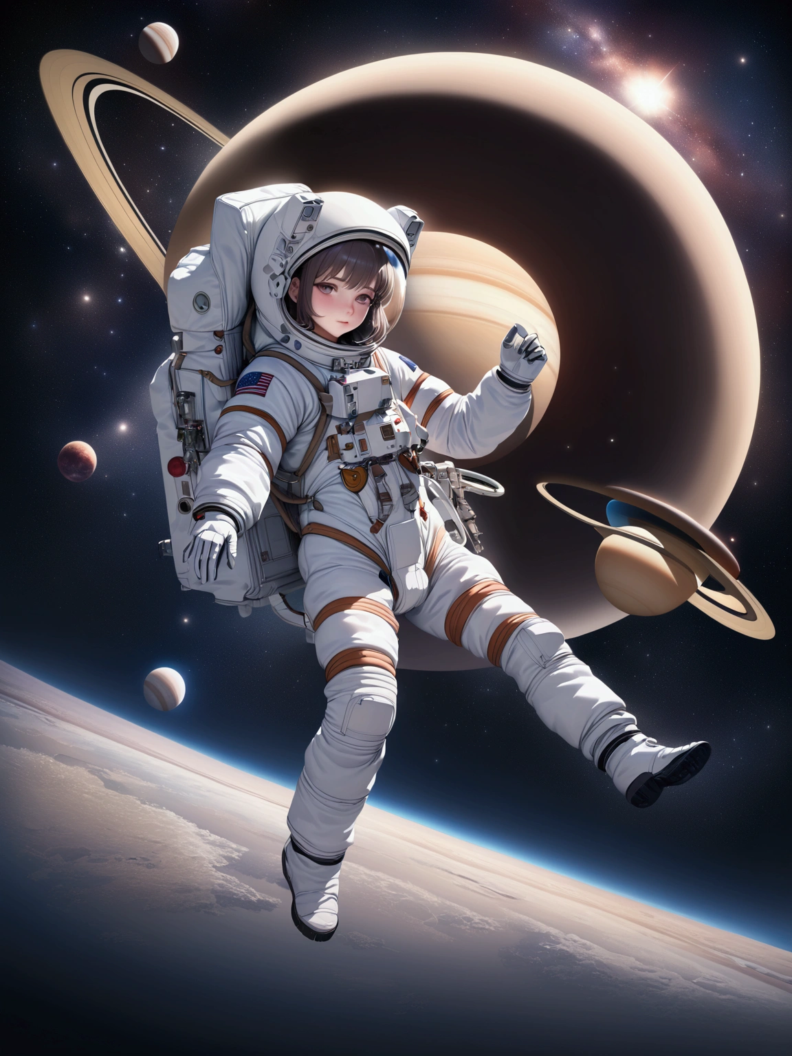 ((masterpiece)),((Highest quality)),((High resolution)),((Anatomical)),((Realistic)),((Detailed Description)), ((Full body view)), ,8K)), (((1 SPACE GIRL, CUTE ANIME GIRL)))) ((FOCUS CUTE FACE,, CUTE GIRL, ASTRONAUT SUIT, BACKGROUND SPACE GALAXY. SIDE VIEW. SHE IS LOOKING TO THE VIEWER, EPIC BACKGROUND , SPACE , GALAXY, PLANET SATURN.