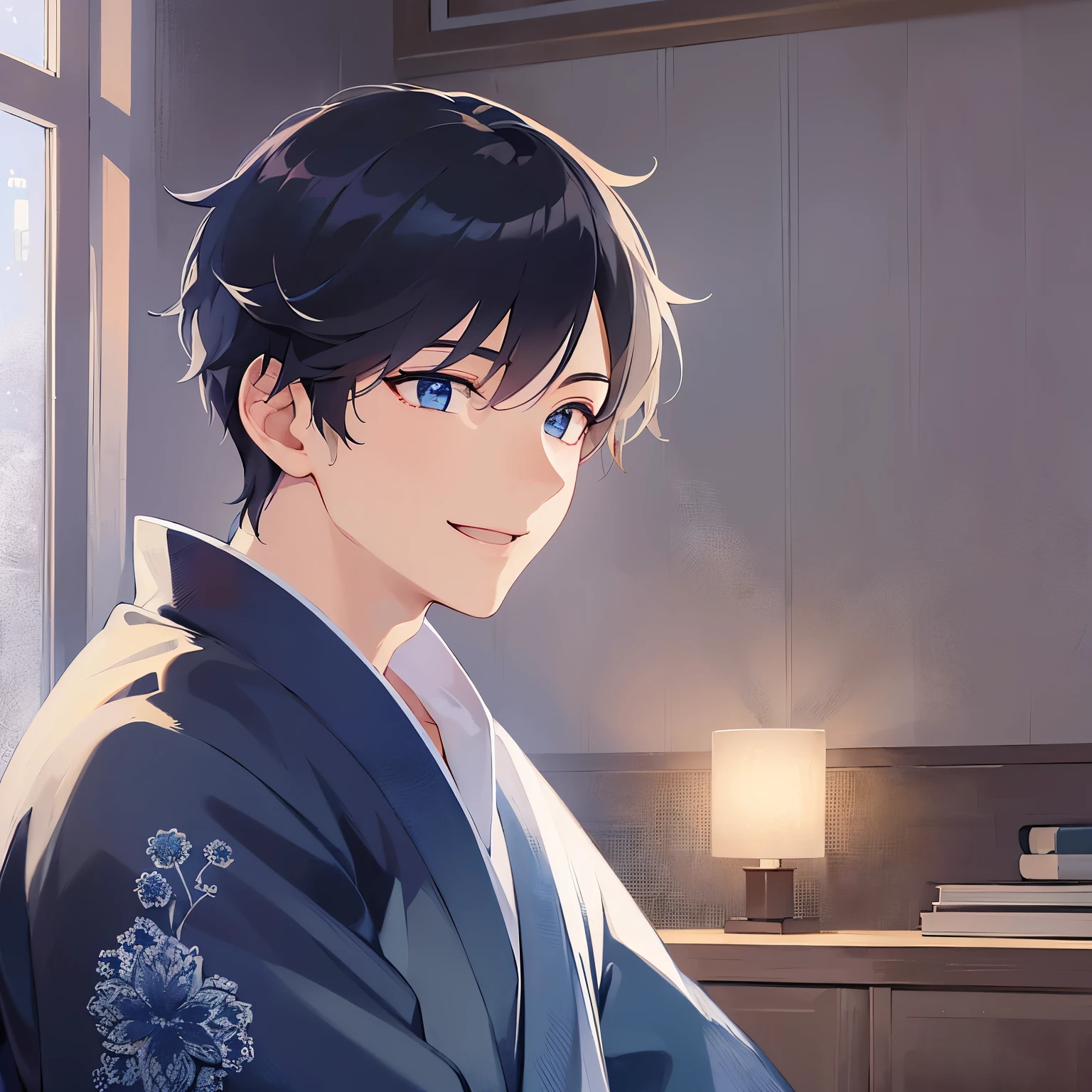 side angle, (looking away:1.5), upper body、Pressing、
masterpiece、Highest quality、
(25-year-old male:1.5) and(Black short hair) and (blue eyes),
blue yukata,(smile:1.5),open mouth,The background is a room at night,(alone:1.5)