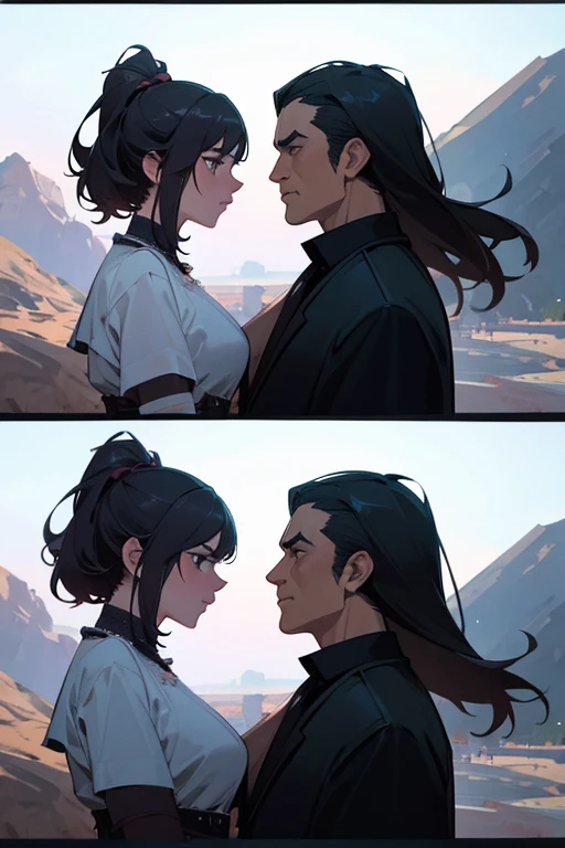 A man and a woman face off